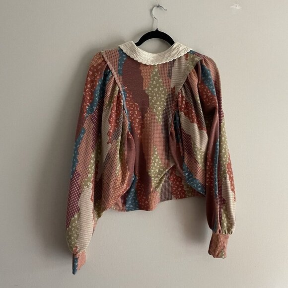 Gimmicks BKE Wmn S Patchwork Mixed Print Fleece Crochet Collar Dolman Henley Top - Picture 12 of 14